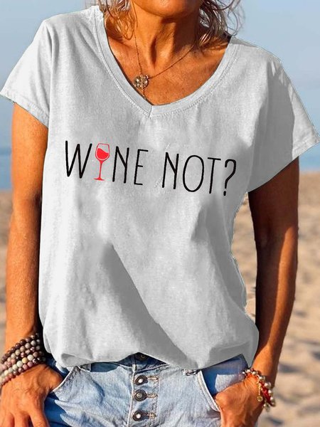 

Wine Fun Text Print V-neck Short Sleeve T-shirt, White, T-shirts
