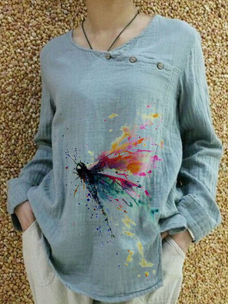 

Crew Neck Butterfly Casual Shirts & Tops, Blue, Blouses & Shirts