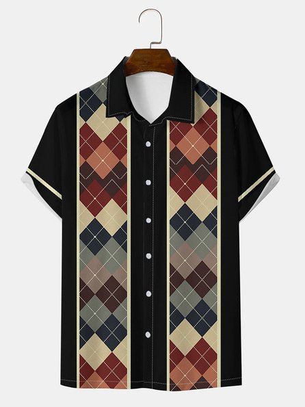 

Mens Check Print Casual Breathable Short Sleeve Hawaiian Shirts, Black, Men's Floral shirt