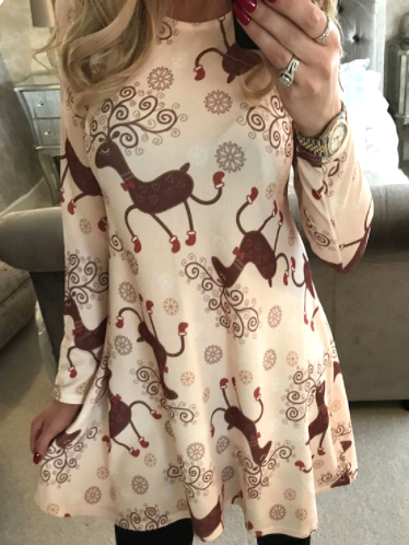 

Cartoon Round Neck Loosen Shirts & Tops Slim long T-shirt with elk motif sun pendulum, Apricot, Tops