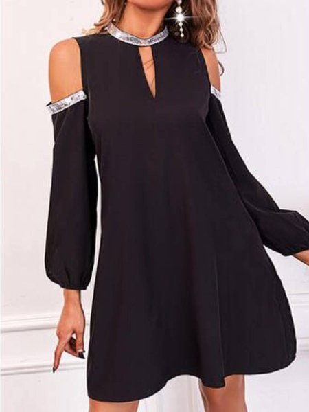 

Off Shoulder Sequined Long Sleeve Casual Mini Dresses, Black, Mini Dresses