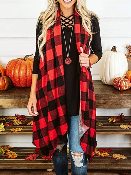 

V Neck Casual Outerwear Red Plaid Sleeveless Irregular Hem Long Vest Jacket, Cardigans