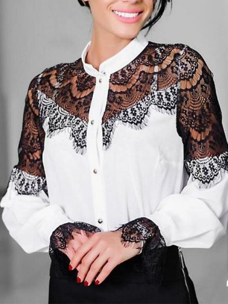 

Lady Long Sleeve Solid Stand Collar Shirt, White, Blouses and Shirts