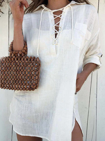 

Casual Plain V Neck Cotton blends Shirts & Tops, White, Tops