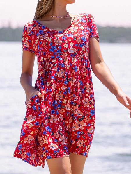 

Casual Vacation Cotton Blends Regular Fit Knee Mini Dresses, Red, Floral Dresses