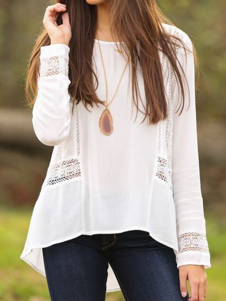 

Lace Plain Crew Neck Tunic Long Sleeve Tops, White, Tops