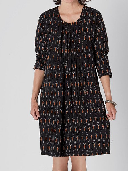

Ethnic Casual Crew Neck Loosen Geometric Midi Dresses, Black, Midi Dresses