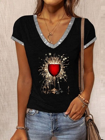 

Casual V Neck Star Printed Shirts & Tops, Black, Tops