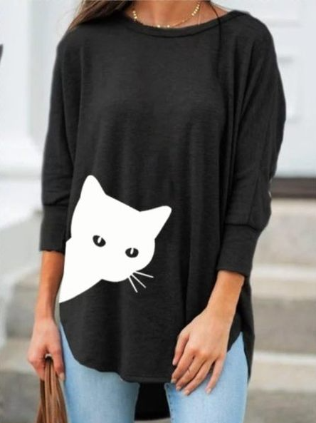 

Cat Print Cotton Blends Animal Casual Shirts & Tops, Black, Long sleeve tops