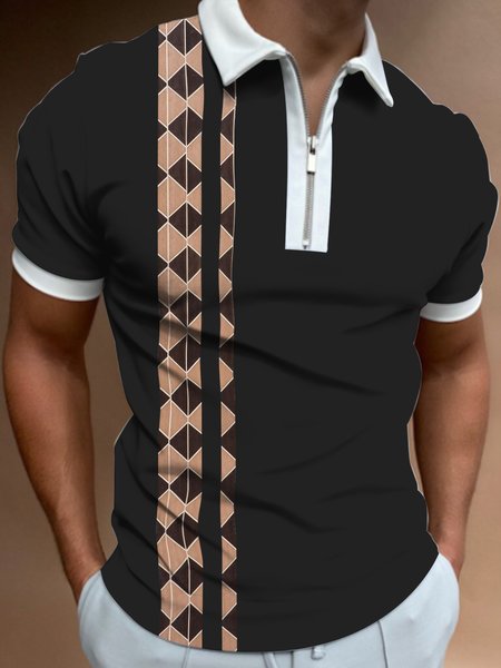

Casual Geometric Striped Contrast Short-Sleeved Polo Shirt, Black, Men's t-shirts