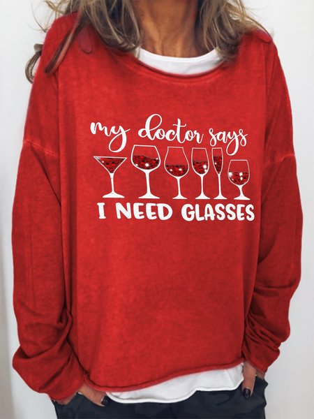 

My Doctor Says I Need Glasses Letter Casual Sweatshirt, Red, Hoodies&Sweatshirts