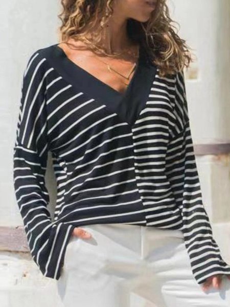

Striped Long Sleeve V Neck Casual Women T-shirts, As picture, T-Shirts