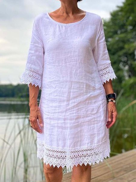 

Lace Plain Crew Neck 3/4 Sleeve Loosen Daily Mini Dresses, White, Mini Dresses