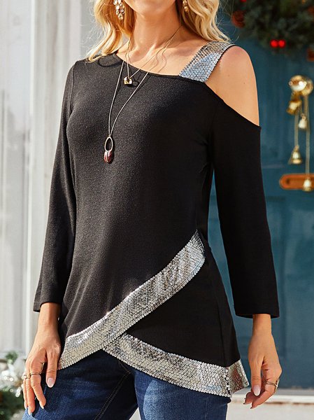 

Sequins Patchwork Off The Shoulder Long Sleeve Shirts & Tops, Black, Tunics