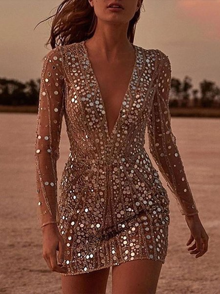 

Sequin Elegant V Neck Evening Dress, Golden, Mini Dresses