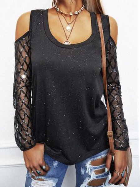 

Mesh Sequins See-through Look Crew Neck Long Sleeve Tops, Black, Tops