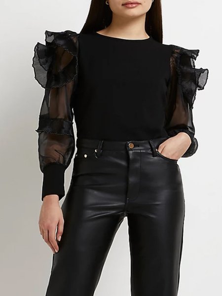 

Frill Sleeve Solid Shirt & Top, Black, Blouses and Shirts