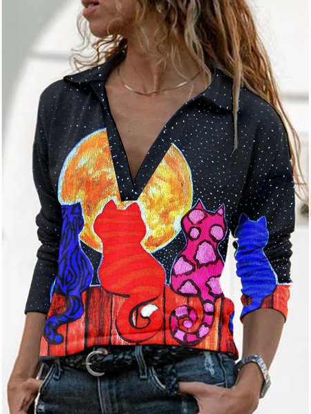 

Cat Cute Loosen Casual Tops, Black, Long sleeves