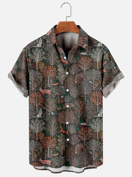 

Mens Plant Print Retro Breathable Short Sleeve Hawaiian Shirt, Black-brown, Men's Floral shirt