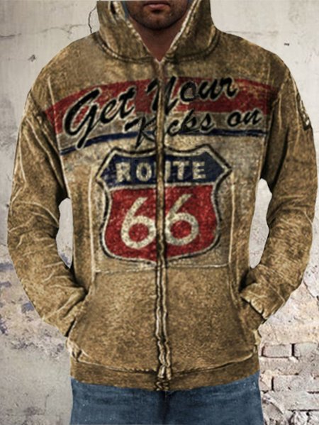 

Route 66 Printed Men's Zip Hooded Jacket, As picture, Hoodies&Sweatshirts