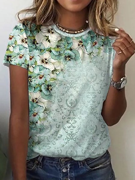 

Floral Crew Neck Casual Shirts & Tops, Aqua, T-Shirts