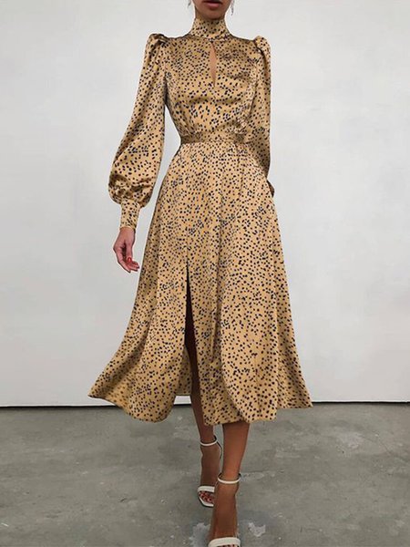 

Regular Fit Lady Polka Dots High Neck Midi Dress, As picture, Midi Dresses