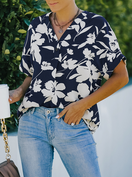 

Loosen V Neck Elegant Shirts & Tops, Blue white, Shirts & Blouses