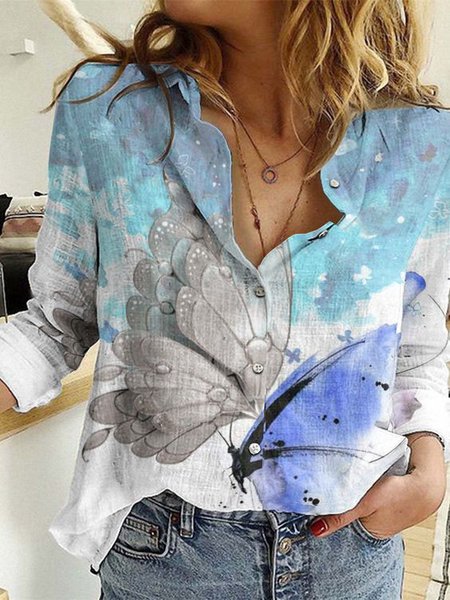 

Butterfly Printed Casual Long Sleeve Shirt Collar Shirts & Tops, White, Shirts & Blouses
