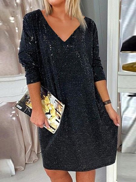 

Solid Glitter Sequins Long Sleeve V Neck Party Mini Dresses, Black, Mini Dresses