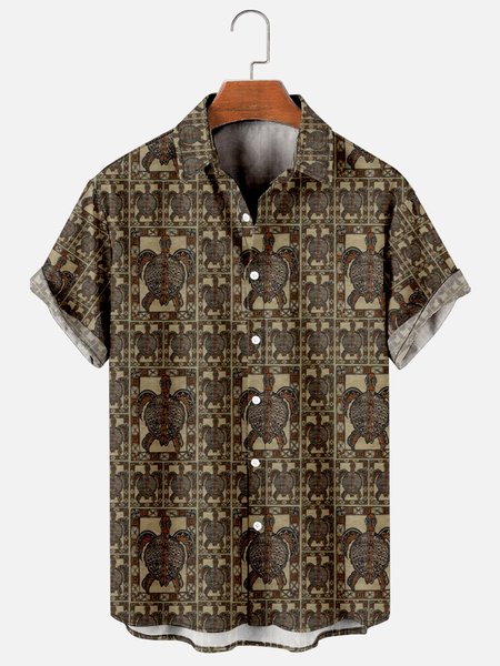 

Mens Ocean Turtle Print Breathable Retro Short Sleeve Hawaiian Shirt, Brown, Men's Floral shirt