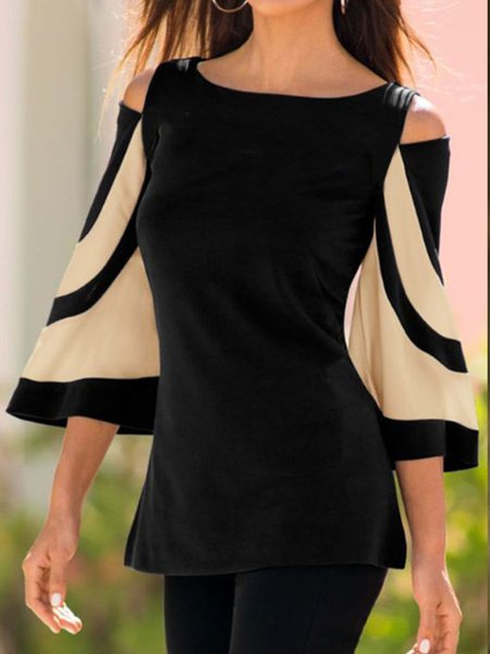

Off Shoulder Plain Crew Neck Bat Sleeve Regular Fit Tops, Black, Tops