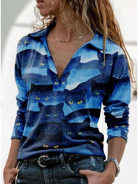 

Cat Cute V Neck Animal Tops, Blue, Long sleeves