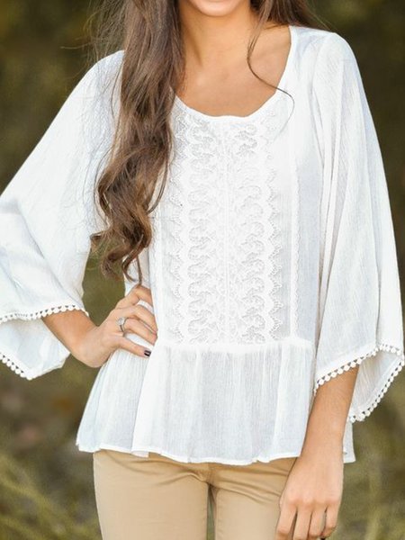 

Lace Plain Ethnic Print Crew Neck Loosen Tops, White, Tops