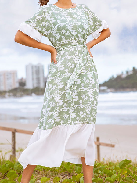 

Vacation Pastoral Lady Printed Loosen Dresses, Aqua, Floral Dresses