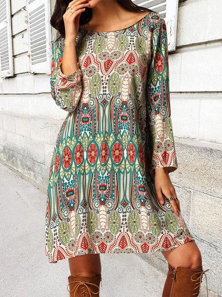 

Plus Size Vacation Tribal Long sleeve Loosen Dresses（accessory not included）, Green, Boho dresses
