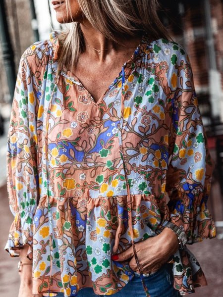 

Floral Vacation V Neck Long Sleeve Tops, Flower, Tops