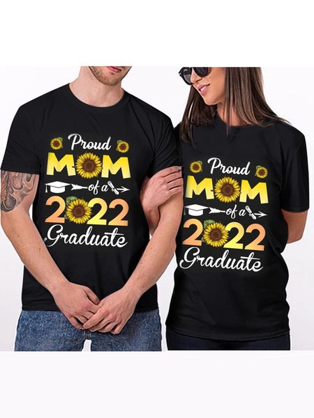 

2022 New Year Flower Print Crew Neck Short Sleeve Couple T-shirt, Black, T-shirt