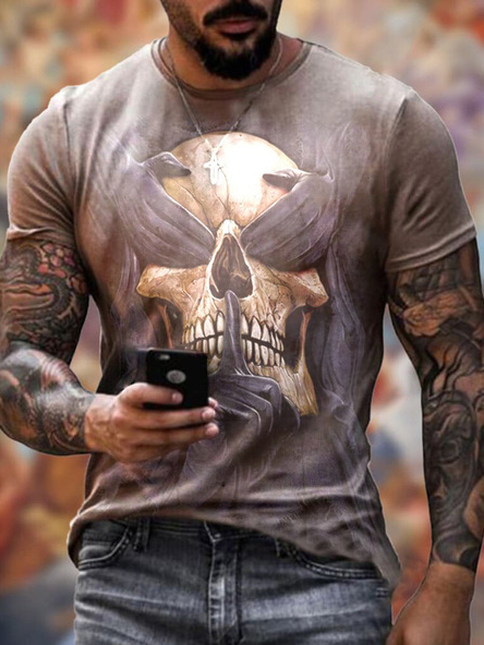 

Men's Skull Print Round Neck Short Sleeve T-Shirts, Cameo, T-shirt