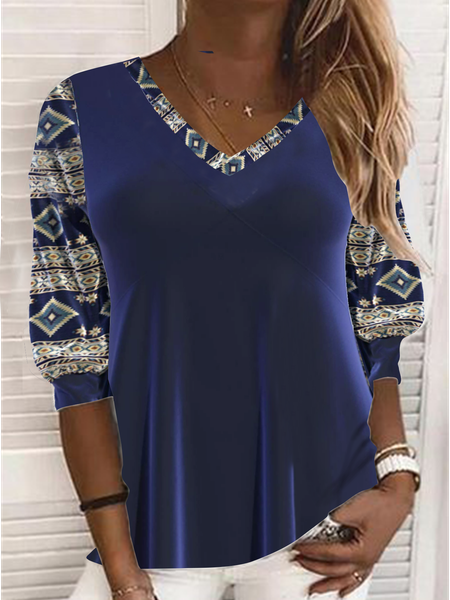 

Long sleeve V neck gorgeous velvet Korean velvet Bohemian holiday queue loose a-hem top, Blue, Tops