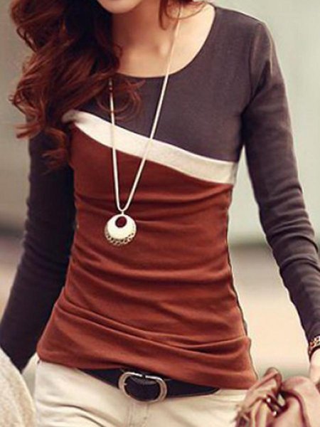 

Vintage Regular Fit Color Block Shirts & Tops Irregular contrast color slim fit T-shirt, Brown, Tops