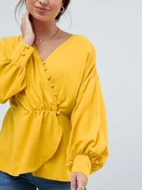 

V Neck Puff Sleeve Shirts & Tops, Yellow, Long sleeve tops