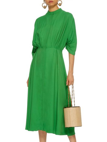 

Solid Stand Collar Elegant Dress, Green, Midi Dresses