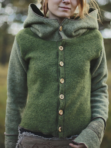 

Hooded Color Block Casual Outerwear, Green, Outerwear