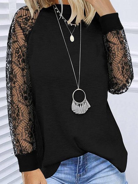 

Lace Long Sleeve Plain Crew Neck Casual Women Tops, Black, Tops