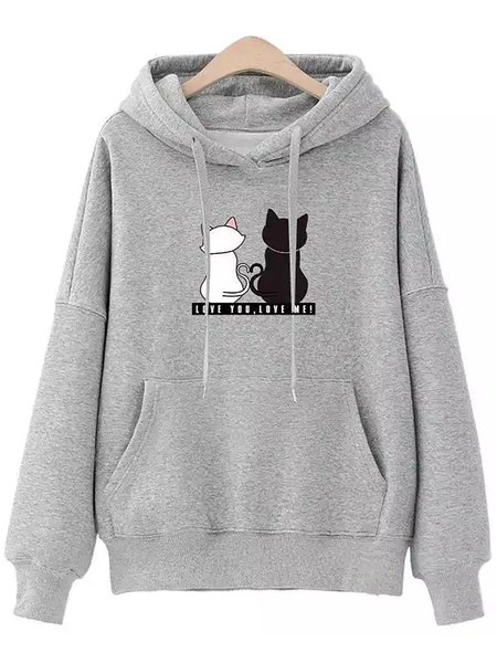 

Casual Cat Printed Long Sleeves Hooded Fleece-Lined Sweatshirts, Gray, Hoodies & Sweatshirts
