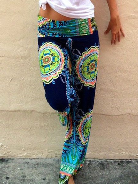 

Plus Size Wide Leg Vacation Boho Loosen Pants, Blue, Bottoms