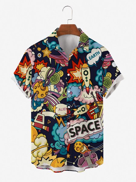 

Mens Universe Planet Print Round Hem Loose Short Sleeve Hawaiian Shirts, Blue, Men's Floral shirt