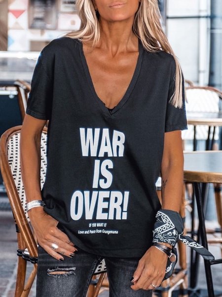 Cotton Blends V Neck Letter Shirts & Tops, Black, T-Shirts