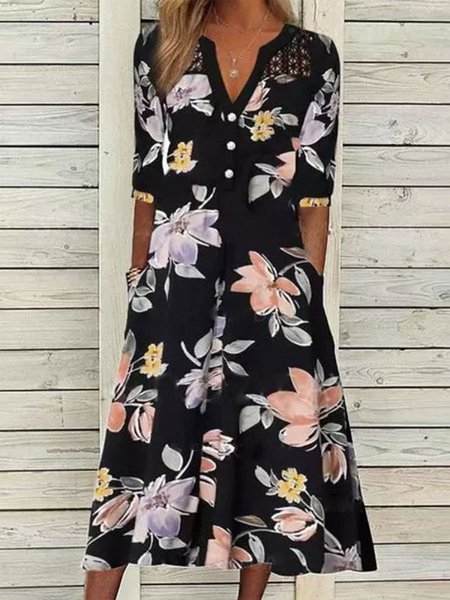 

Floral Vacation Regular Fit Buttoned Dresses, Black, Maxi Dresses