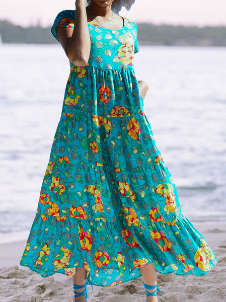 

Casual Vacation Floral Cotton Blends Regular Fit Short sleeve Maxi Dresses, Deep green, Floral Dresses